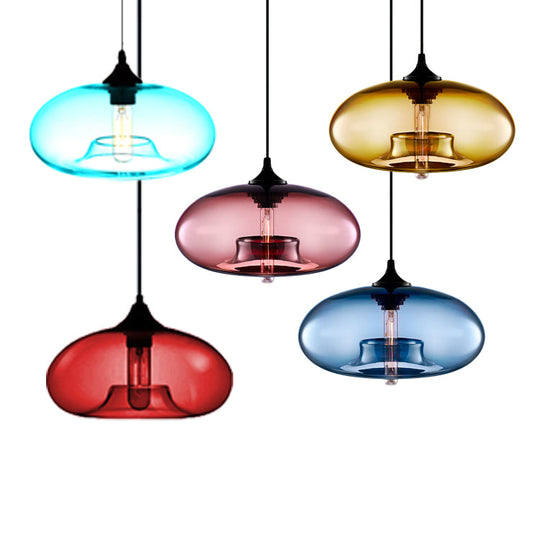 Contemporary 1-Light Hanging Ceiling Lamp With Oval Glass Shade In Red/Brown/Blue
