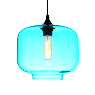 Contemporary Glass Hanging Lamp - Cylinder Shape 1 Light Red/Brown/Blue Sky Blue