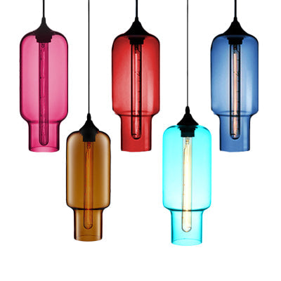 Contemporary Bottle Glass Pendant Light With Red/Brown/Blue Hue