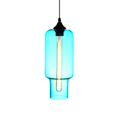 Contemporary Ceiling Pendant Light With Colorful Bottle Glass Shade - 1 Hanging Fixture Sky Blue