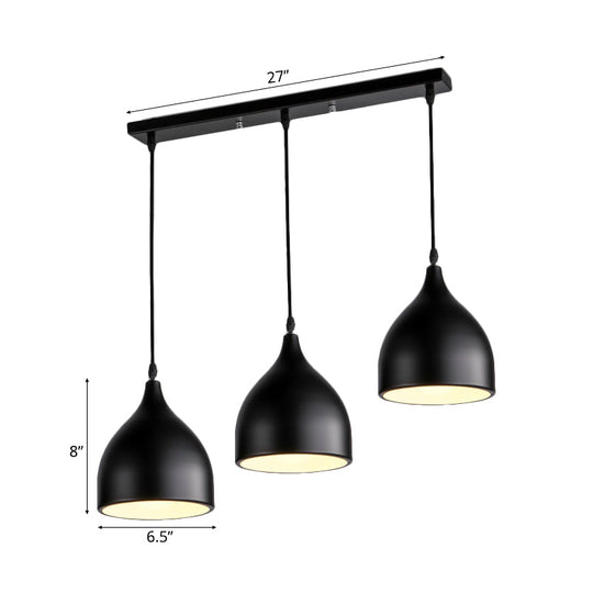Modern 3-Light Bell Pendant In Black/White Metal With Round/Linear Canopy