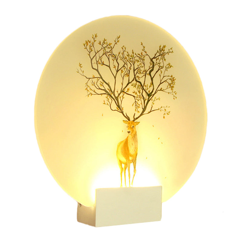Chinese Style Led Acrylic Elk Wall Lamp: Circular Living Room Mural Light In White