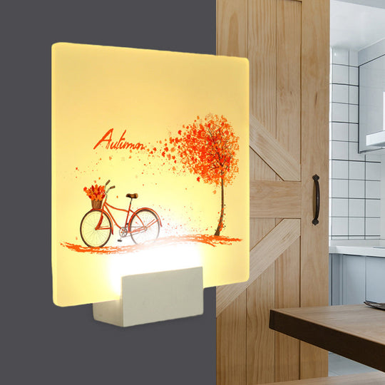 Autumn Tree And Bicycle Led Acrylic Wall Lamp Chinese Inspired Square Design White