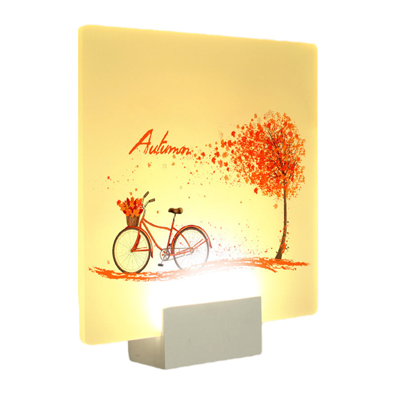 Autumn Tree And Bicycle Led Acrylic Wall Lamp Chinese Inspired Square Design