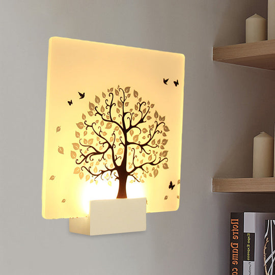 Nordic Style Led Acrylic Wall Mural Lamp - White Square Tree And Bird Light For Living Room