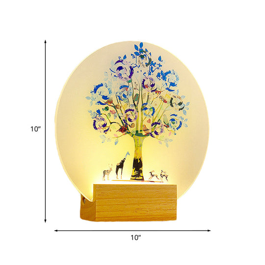 Nordic Led Wood And Acrylic Wall Lamp With Circular Tree Animal Design