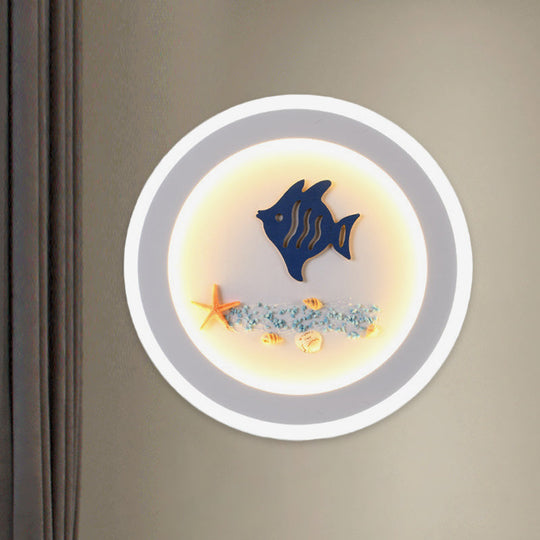 Contemporary Style Led Wall Light Fixture - White Round Acrylic Lamp With Fish And Sea Star Pattern