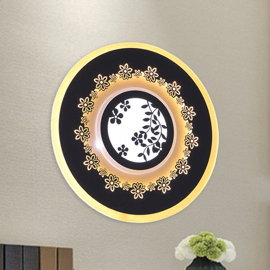 Modern Black Wall Mount Led Light Fixture With Feather/Blossom Pattern