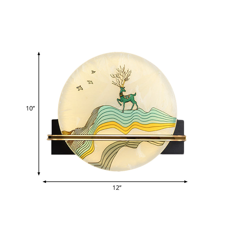 Black Oriental Style Led Wall Lamp With Elk Deer/Fish Pattern - Acrylic Surface Rounded Design