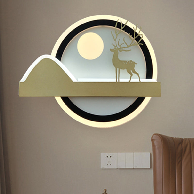 Chinese-Style Elk Deer Led Wall Lamp In Gold With Acrylic Rounded Design