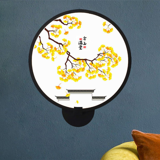 Rounded Natural Scenery Mural Acrylic Led Wall Mounted Light In Black - Asia Style / B