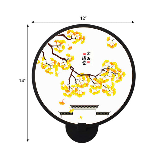 Rounded Natural Scenery Mural Acrylic Led Wall Mounted Light In Black - Asia Style