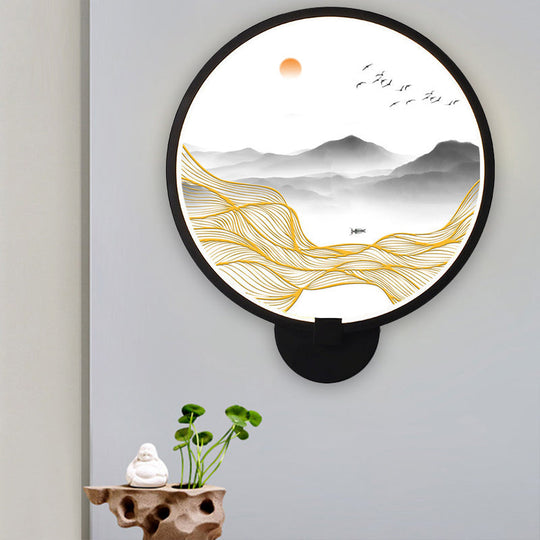 Rounded Natural Scenery Mural Acrylic Led Wall Mounted Light In Black - Asia Style