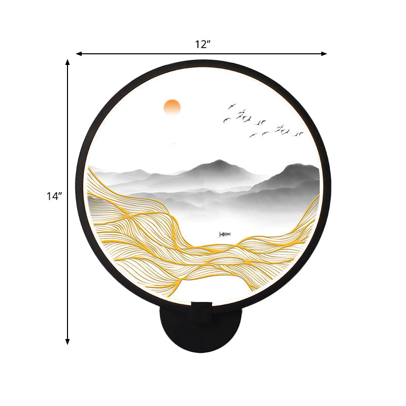 Rounded Natural Scenery Mural Acrylic Led Wall Mounted Light In Black - Asia Style