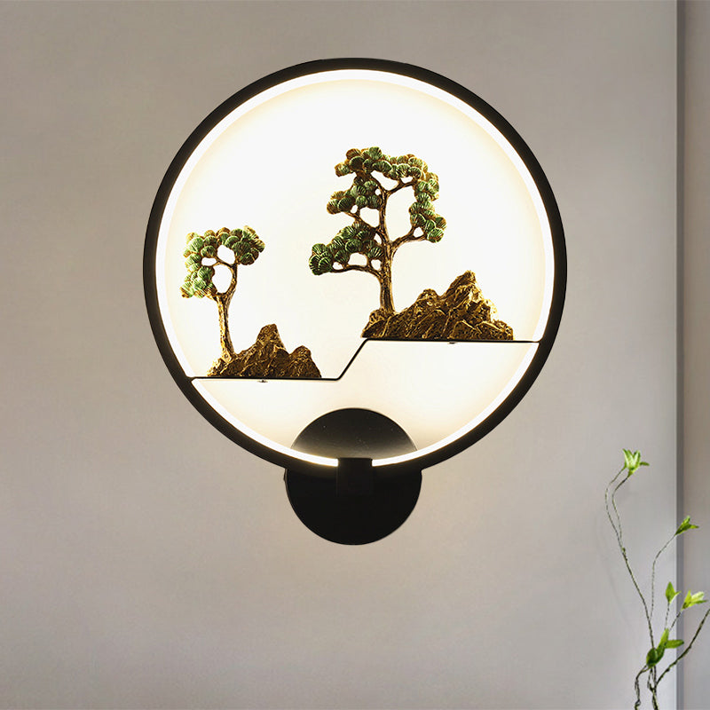 Rounded Natural Scenery Mural Acrylic Led Wall Mounted Light In Black - Asia Style / D