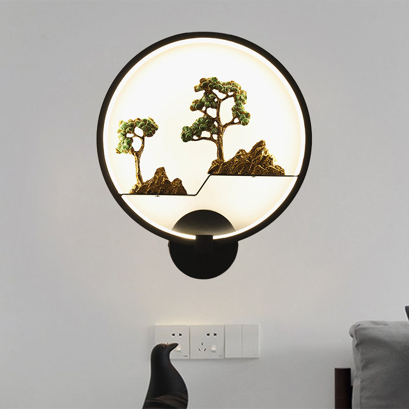 Rounded Natural Scenery Mural Acrylic Led Wall Mounted Light In Black - Asia Style