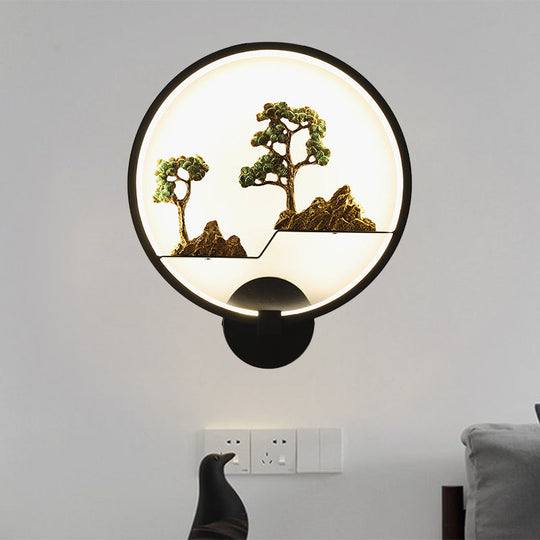 Rounded Natural Scenery Mural Acrylic Led Wall Mounted Light In Black - Asia Style
