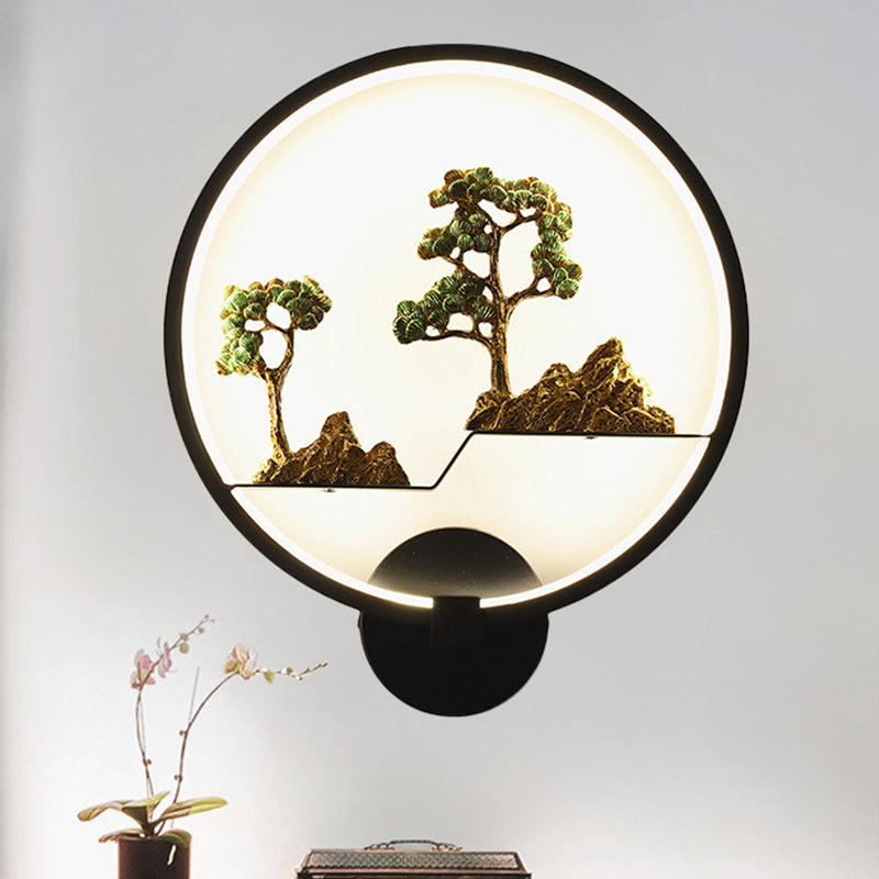 Rounded Natural Scenery Mural Acrylic Led Wall Mounted Light In Black - Asia Style