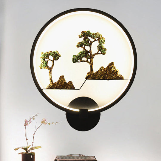 Rounded Natural Scenery Mural Acrylic Led Wall Mounted Light In Black - Asia Style