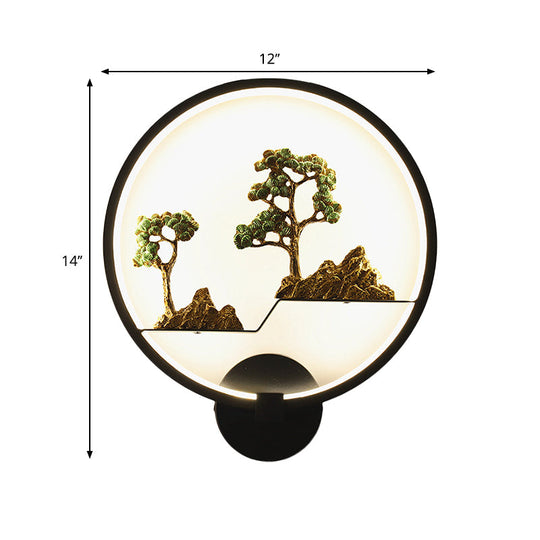 Rounded Natural Scenery Mural Acrylic Led Wall Mounted Light In Black - Asia Style