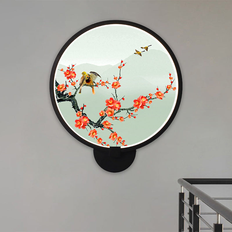 Chinese Metal Led Wall Lamp With Circular Natural View - Black Mural Light For Bedroom