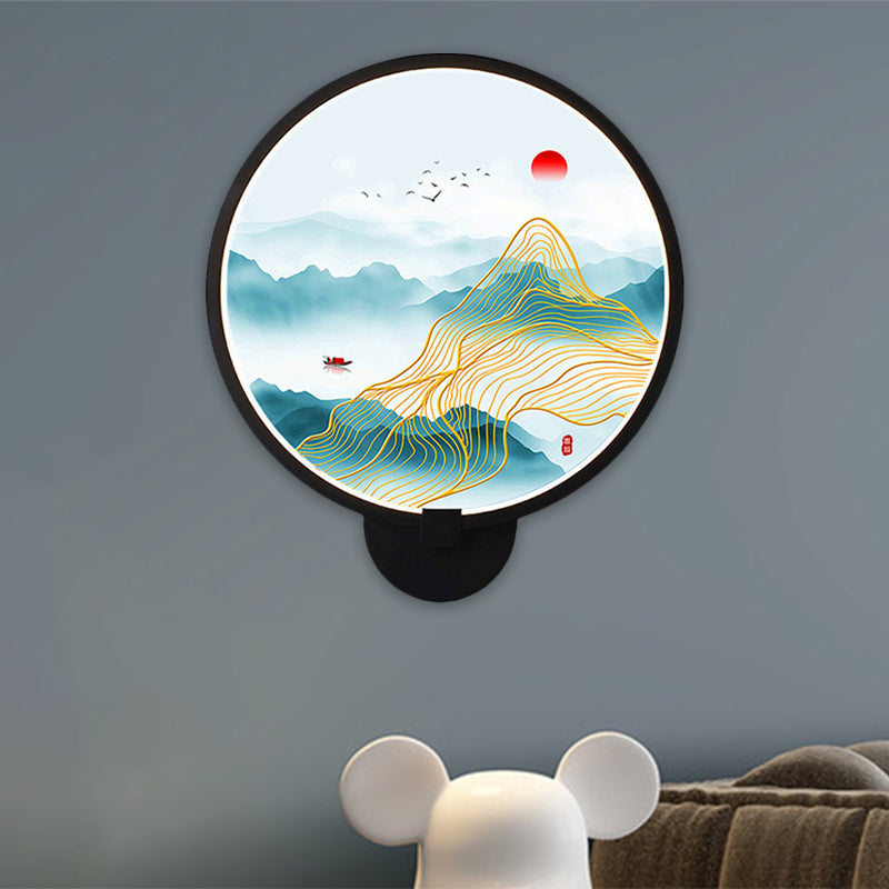 Chinese Metal Led Wall Lamp With Circular Natural View - Black Mural Light For Bedroom