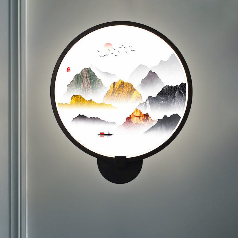 Chinese Metal Led Wall Lamp With Circular Natural View - Black Mural Light For Bedroom