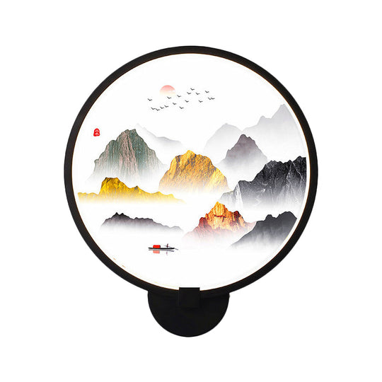 Chinese Metal Led Wall Lamp With Circular Natural View - Black Mural Light For Bedroom