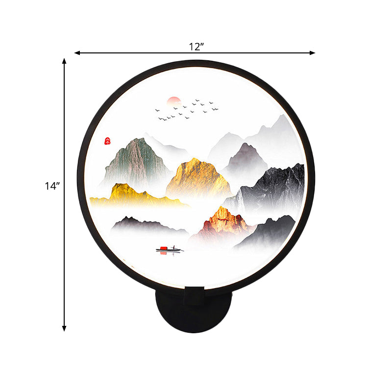 Chinese Metal Led Wall Lamp With Circular Natural View - Black Mural Light For Bedroom