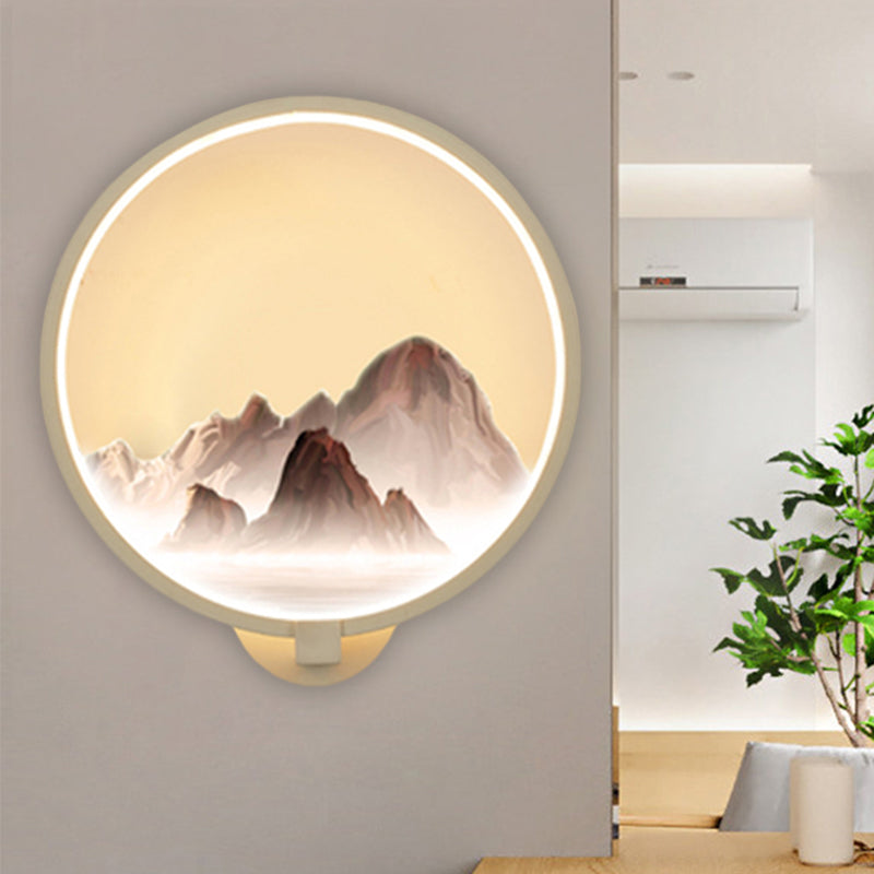 Led Oriental Style Wall Lamp With Mountain Pattern - White Circular Metal Lighting Idea