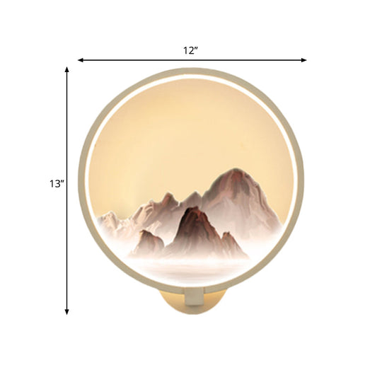 Led Oriental Style Wall Lamp With Mountain Pattern - White Circular Metal Lighting Idea