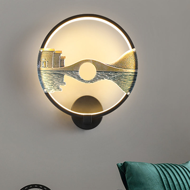 Black/White Round Bridge Wall Mural Led Acrylic Light Fixture Oriental Style Black