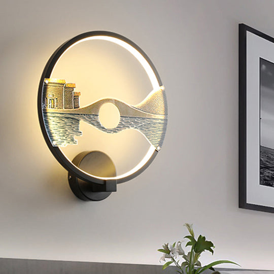 Black/White Round Bridge Wall Mural Led Acrylic Light Fixture Oriental Style