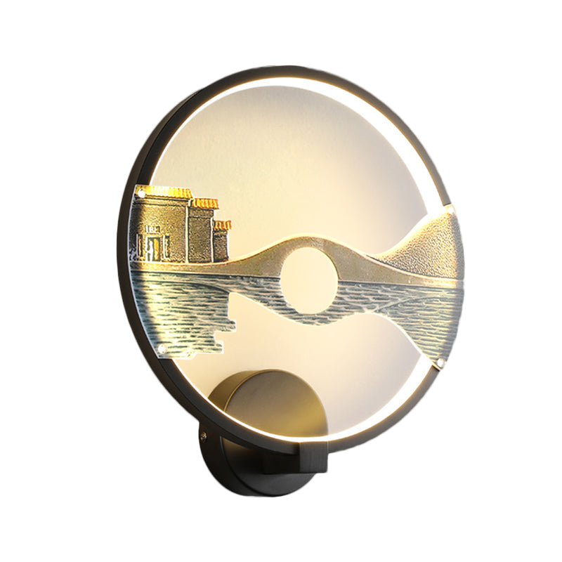 Black/White Round Bridge Wall Mural Led Acrylic Light Fixture Oriental Style