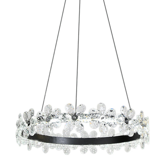 Minimalistic Black Crystal Flower Led Chandelier Lighting - Living Room Hoop Hanging Light Kit