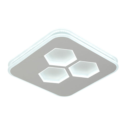 Modern Square Led White Flush Mount Ceiling Light With Acrylic Cover And Hexagon Design