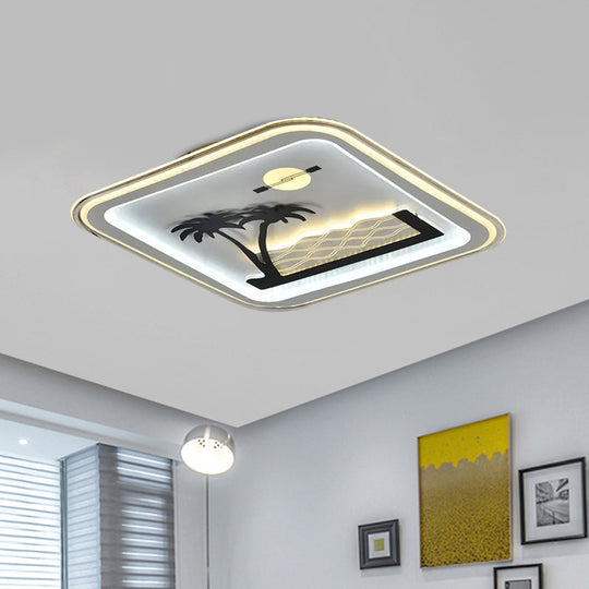 Modern Square Flushmount Led Lamp With Tree Pattern In White - Bedroom Fixture