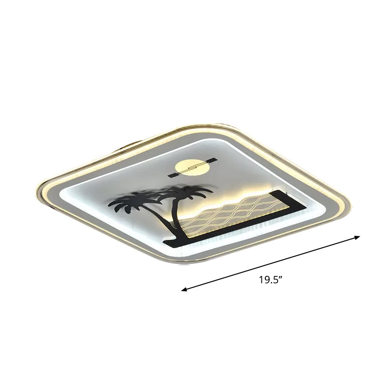 Modern Square Flushmount Led Lamp With Tree Pattern In White - Bedroom Fixture