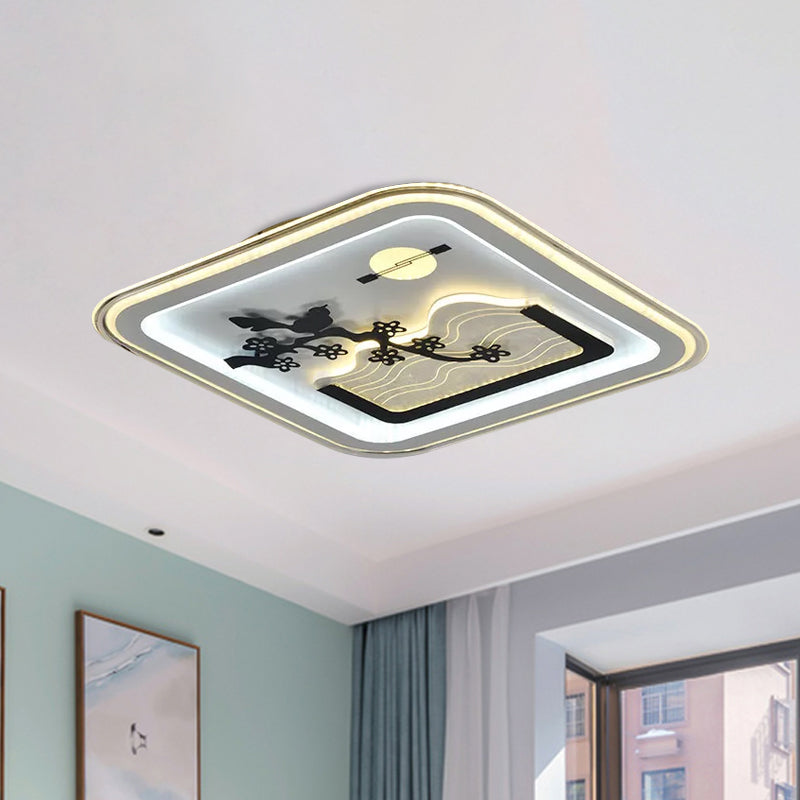 Modern Square Flushmount Led Lamp With Tree Pattern In White - Bedroom Fixture
