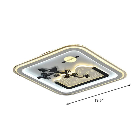 Modern Square Flushmount Led Lamp With Tree Pattern In White - Bedroom Fixture