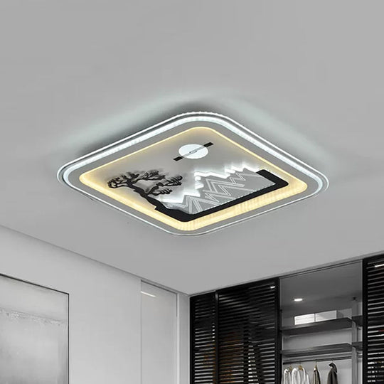 Modern Square Flushmount Led Lamp With Tree Pattern In White - Bedroom Fixture