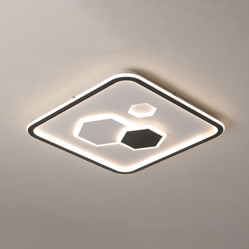 Square Flush Mount With Hexagon Pattern Modern Metallic Led Lamp (Black/White/Warm Light)