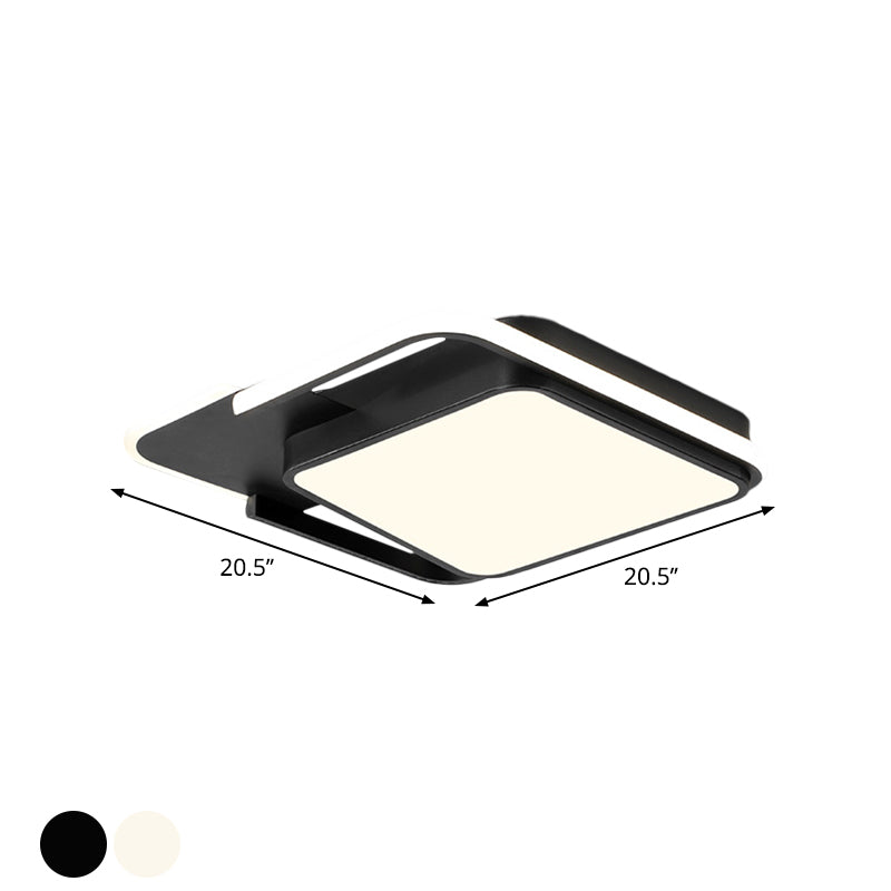 Minimal Led Flushmount Lamp - White/Black Square Metallic Finish 16.5/20.5 Wide Warm Light