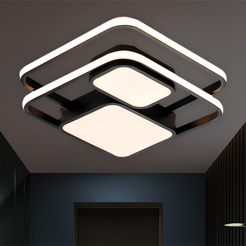 Contemporary Metallic Squared Flush Mount Lamp - White/Black Led Light 16.5’/20.5’ Width
