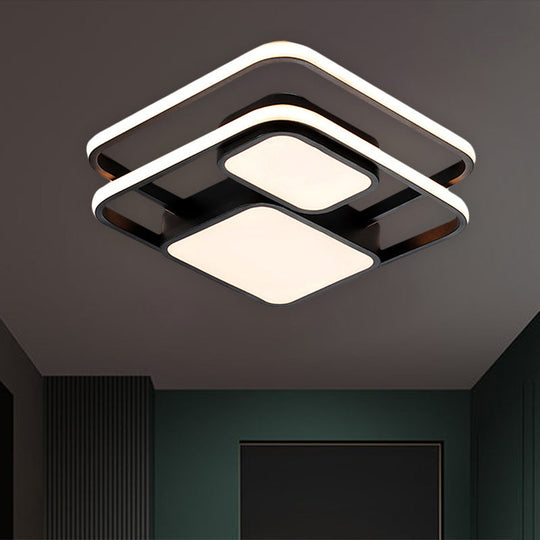 Contemporary Metallic Squared Flush Mount Lamp - White/Black Led Light 16.5/20.5 Width White/Warm