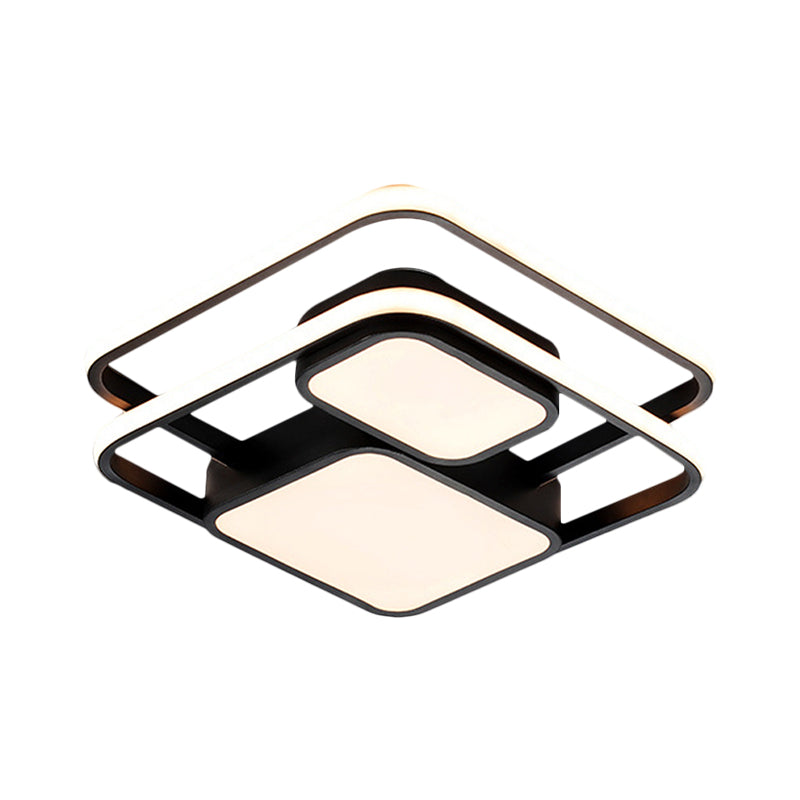 Contemporary Metallic Squared Flush Mount Lamp - White/Black Led Light 16.5’/20.5’ Width White/Warm