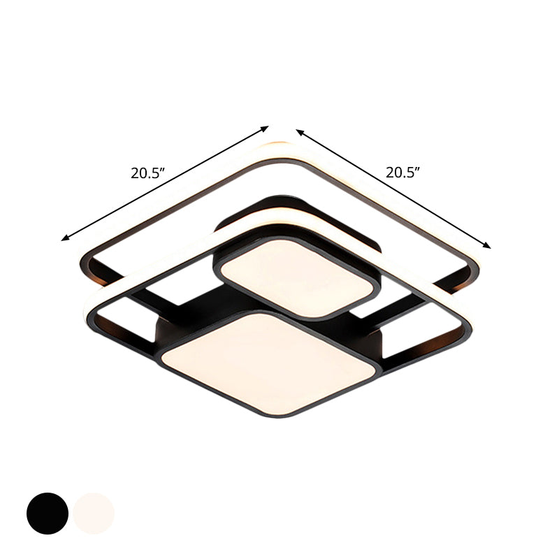Contemporary Metallic Squared Flush Mount Lamp - White/Black Led Light 16.5/20.5 Width White/Warm