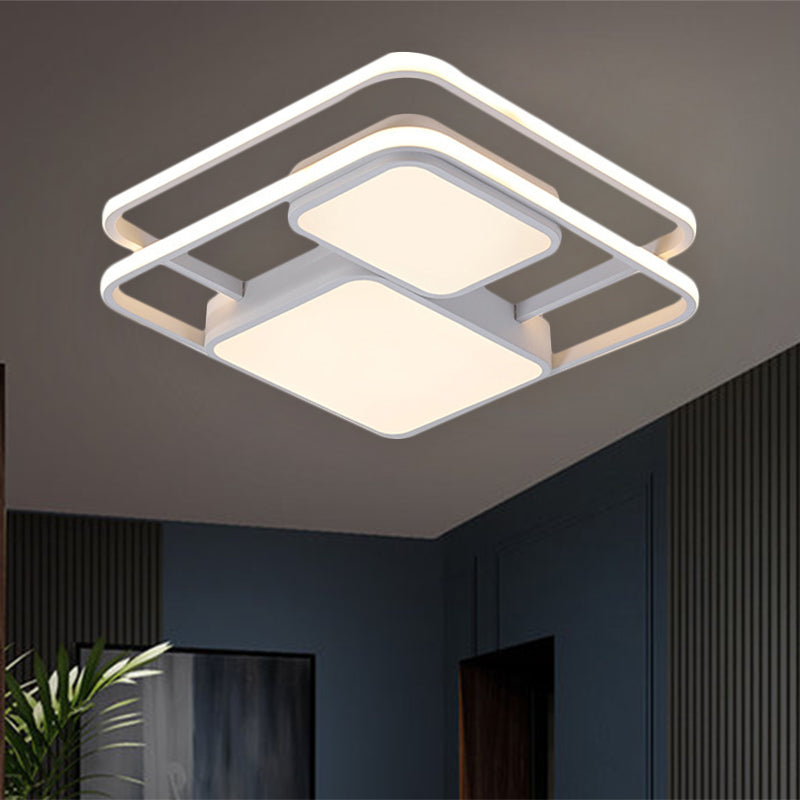 Contemporary Metallic Squared Flush Mount Lamp - White/Black Led Light 16.5/20.5 Width White/Warm