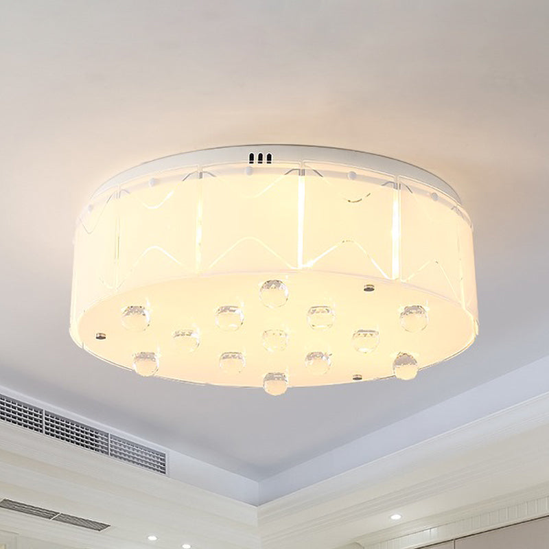 Modern White Frosted Glass Ceiling Light With Crystal Orb Drop - 6 Bulbs Drum Flush Mount