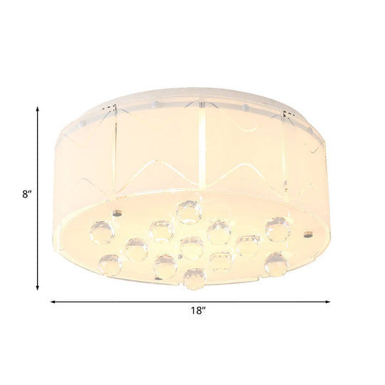 Modern White Frosted Glass Ceiling Light With Crystal Orb Drop - 6 Bulbs Drum Flush Mount